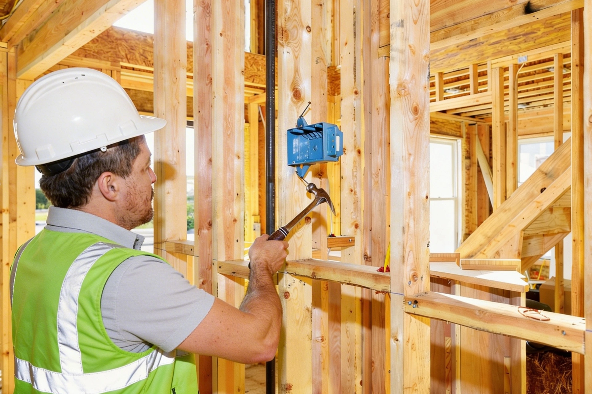 Professional wood framing contractor installing electrical box inside residential construction project in Los Angeles – Framing Pro LA